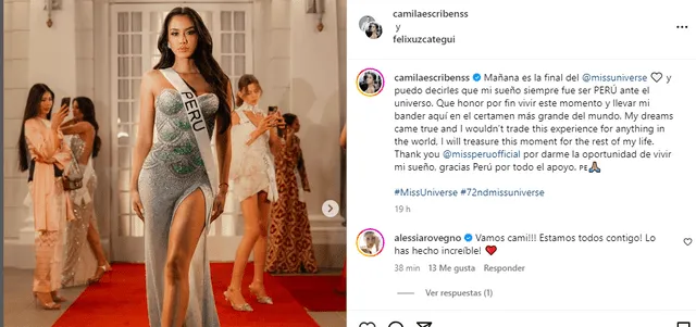  Camila Escribens compartió mensaje antes de su participación en la gala final del Miss Universo 2023. Foto: Instagram/Camila Escribens   