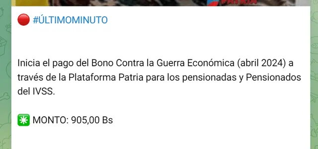 Los pensionados son los últimos en recibir el pago mensual del Bono de Guerra Económica. Foto: Canal Patria Digital/Telegram