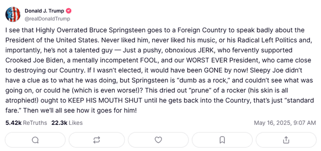 Donald Trump slams against Bruce Springsteen. Photo: GLR composition/ Donald Trump's Truth Social Donald Trump slams against Bruce Springsteen. Photo: GLR composition/ Donald Trump's Truth Social