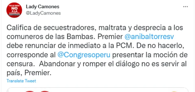 Lady Camones criticó a Aníbal Torres a través de su cuenta de Twitter.