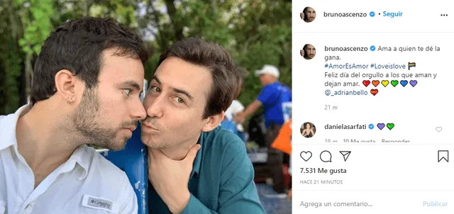 Bruno Ascenzo celebra el Día Del Orgullo LGBTI con romántica publicación. Foto: Captura Instagram.