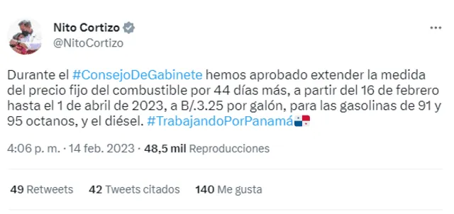  El presidente de Panamá compartió en redes sociales sobre la extensión de esta medida. Foto: Twitter/@NitoCortizo    