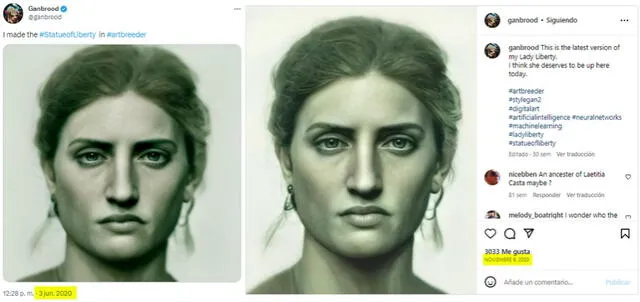  La imagen producida con inteligencia artificial fue publicada en 2020 por Bas Uterwijk en sus redes sociales. Foto: capturas en Twitter y Facebook / Bas Uterwijk   