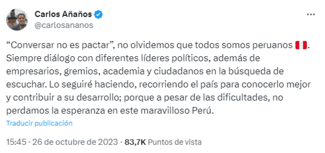  Carlos Añaños se pronuncia tras su renuncia a Avanza País. Foto: Twitter 