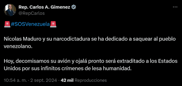 Miembro de la Cámara de Representantes de los Estados Unidos anunció la incautación del avión de Maduro. Foto: Rep. Carlos A. Gimenez/ X