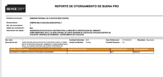 Reporte de otorgamiento de Buena Pro. Foto: SEACE   