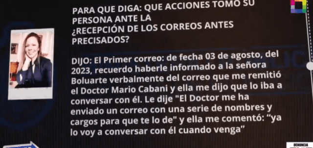Declaración de Patricia Muriano ante la Fiscalía sobre su información a Dina Boluarte por los correos de Mario Cabani. Declaración de Patricia Muriano ante la Fiscalía sobre su información a Dina Boluarte por los correos de Mario Cabani.