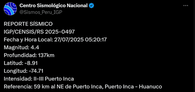  Sismo de magnitud de 4,4 sacude Huánuco. Foto: IGP   