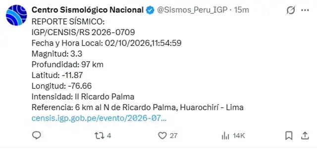 Sismo de 3,3 remeció Huarochirí, Lima, este viernes 2 de octubre. Sismo de 3,3 remeció Huarochirí, Lima, este viernes 2 de octubre.