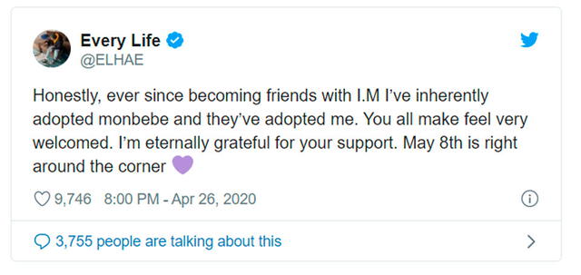 Post de  Elhae anunciando su colaboración con IM de MONSTA X. Twitter, 26 de abril del 2020.