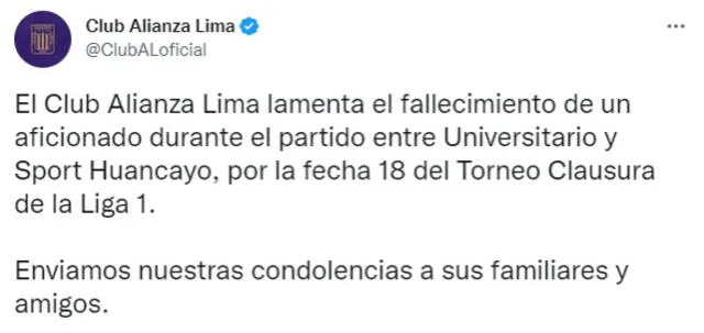 Alianza Lima lamentó el deceso del hincha. Foto: captura de @ClubALoficial/Twitter