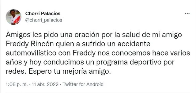 Roberto Palacios se pronunció en su cuenta de Twitter. Foto: Twitter @chorri_palacios.