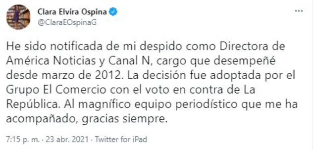 Tuit de Clara Elvira Ospina.