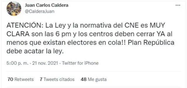 Juan Carlos Caldera denuncia irregularidades en el cierre de los centros de votación en Venezuela. Foto: captura Twitter