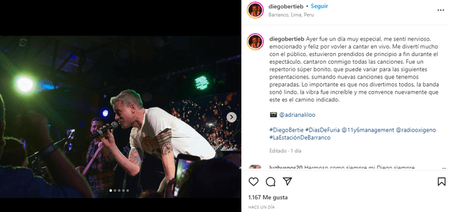 ¿Qué dijo Diego Bertie sobre sus presentaciones en el escenario? Foto: Instagram