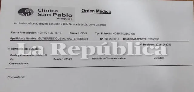 Arequipa. Documento de ingreso de Gutiérrez a clínica San Pablo. Foto: La República