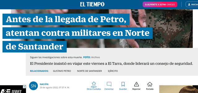 Nota de El Tiempo sobre atentados en El Tarra. Foto: captura LR/El Tiempo.