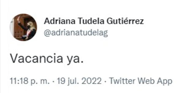 Tudela promueve vacancia presidencial. Foto: Twitter de Adriana Tudela