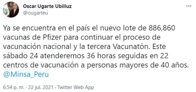 Ministro Óscar Ugarte precisó que las vacunas servirán para continuar con la campaña de inoculación a nivel nacional. Foto: Twitter.