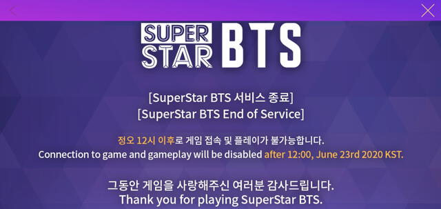 Flyer anunciando la desactivación del juego SUPER STAR BTS. Foto: Twitter Big Hit