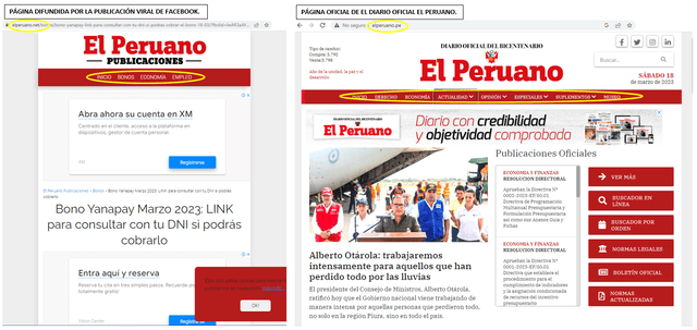  Comparación entre página apócrifa del diario El Peruano y el portal web oficial de El Peruano. Foto: composición LR/ElPeruano.    