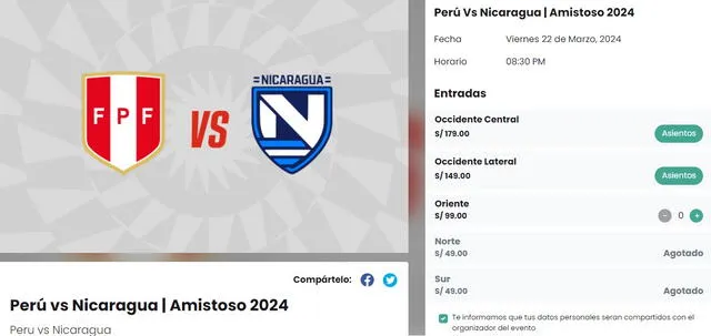 Venta de entradas para el Perú vs. NIcaragua. Foto: captura de Joinnus 