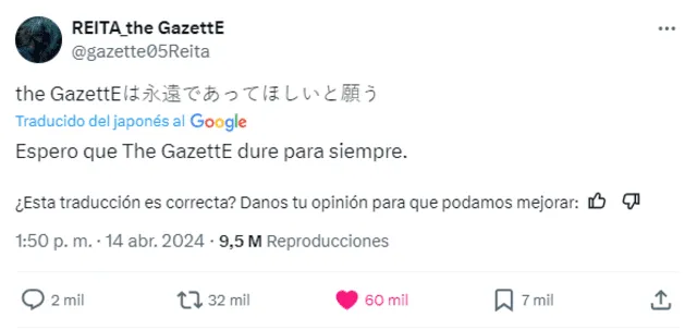  Último mensaje de Reita, de The Gazette, en redes sociales. Foto: captura X 