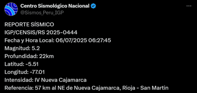 Sismo de magnitud de 5,2 sacude San Martín. Foto: IGP Sismo de magnitud de 5,2 sacude San Martín. Foto: IGP