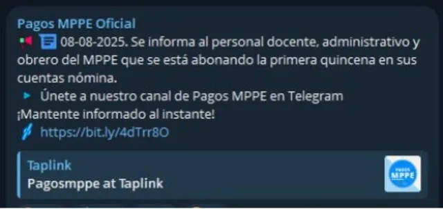Anuncio de la primera quincena de agosto 2025. Foto: Pagos MPPE   