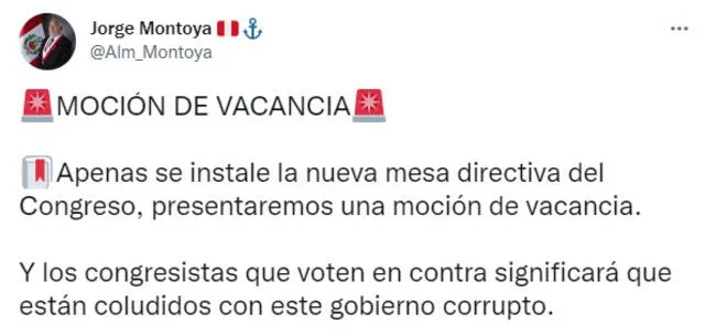 Montoya promueve vacancia presidencial. Foto: Twitter de Montoya