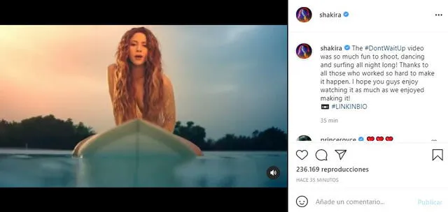 Shakira emocionada por Don’t wait up. Foto: captura/Instagram