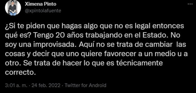 Ximena Pinto se pronunció a través de su cuenta de Twitter.