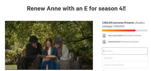 1 millón de firmas para Anne with an E - Crédito: Change.org