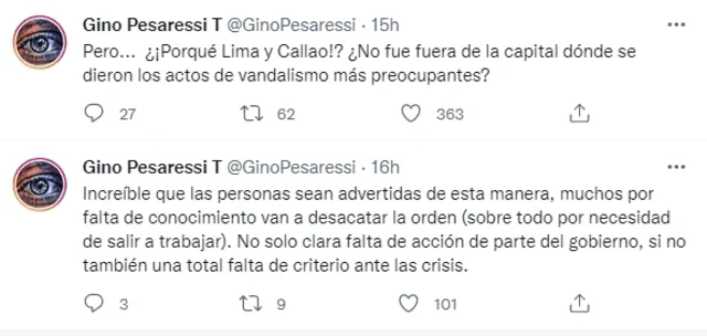 Gino Pesaressi en desacuerdo con el toque de queda. Foto: Gino Pesaressi/Twitter.