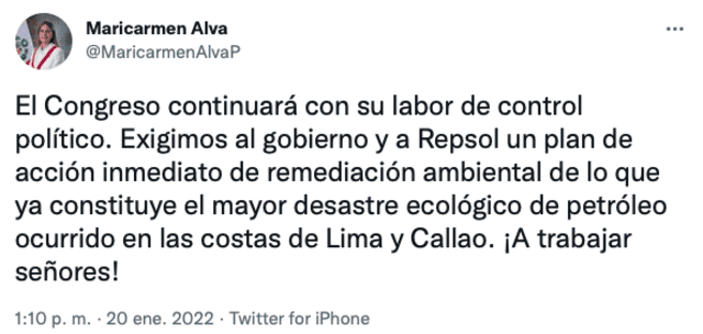 Alva precisó que Repsol debe actuar de inmediato para remediar los daños ambientales por derrame de petróleo. Foto: @MaricarmenAlvaP / Twitter