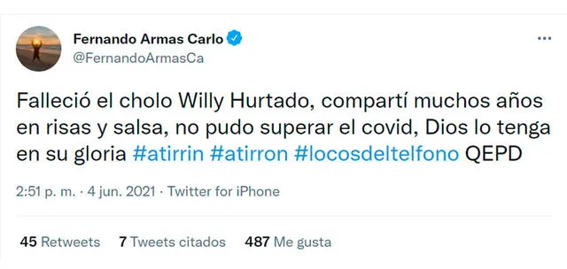 4.6.2021 | El imitador Fernando Armas lamenta la muerte del cómico Willy Hurtado. Foto: captura Fernando Armas / Twitter 4.6.2021 | El imitador Fernando Armas lamenta la muerte del cómico Willy Hurtado. Foto: captura Fernando Armas / Twitter