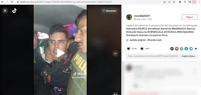  Video del 10 de abril de 2023. La publicación relaciona el clip con un caso de persecución en Lima, Perú. Foto: captura en TikTok-@ricardo20571.&nbsp;   