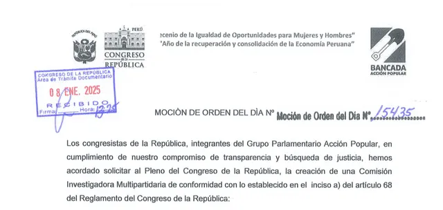  Moción de orden por la cual congresistas de Acción Popular piden crear una "Comisión Investigadora Multipartidaria" para investigar la presunta red de prostitución | Foto: Congreso.    