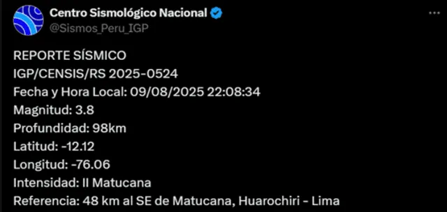 Sismo de magnitud de 3,8 sacude Lima. Foto: IGP Sismo de magnitud de 3,8 sacude Lima. Foto: IGP