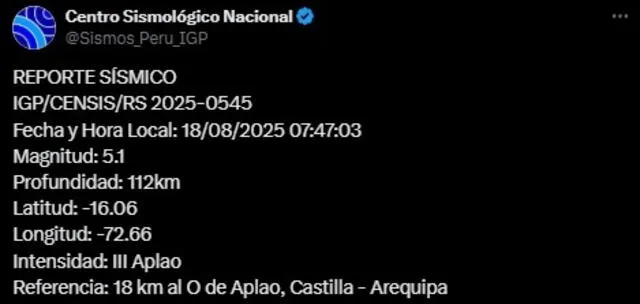Fuerte temblor de 5,1 en Arequipa, según IGP