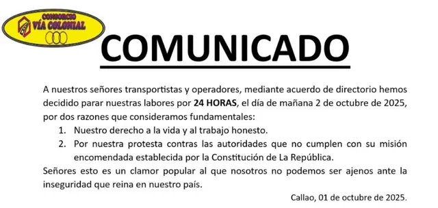  A causa del atentado, las combis del consorcio Vía Colonial han decidido apagar motores el día de mañana.   