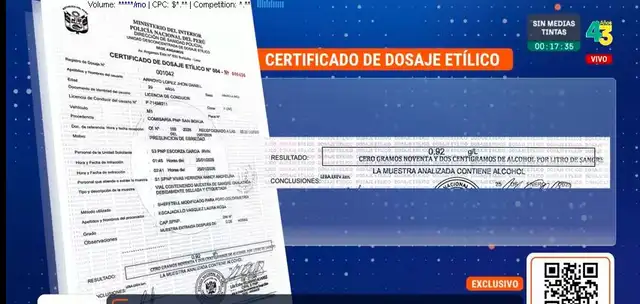  Certificado de dosaje etílico realizado al chofer de Kira Alcarraz   