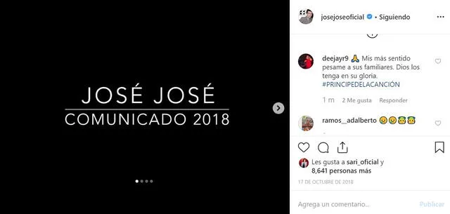 Última publicación en Instagram de José José