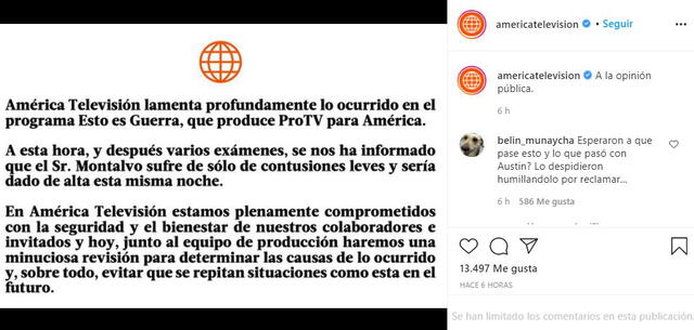 América TV se pronuncia tras accidente de Elías Montalvo en EEG. Foto: captura Instagram