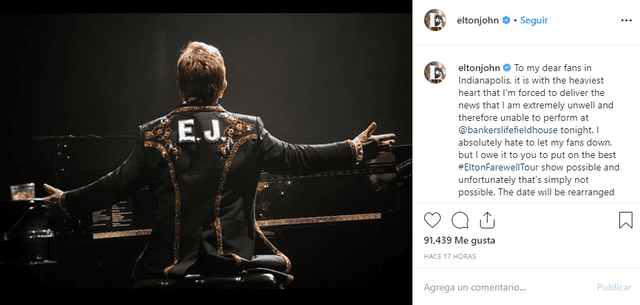 Elton John envía un mensaje explicando los motivos de la suspensión de su concierto.