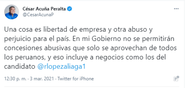 Tuit de César Acuña sobre Rafael López Aliaga