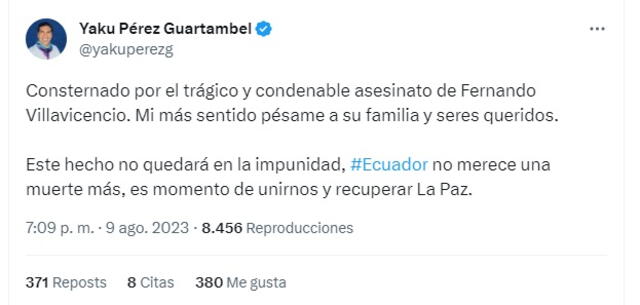  Yaku Pérez se pronuncia sobre el asesinato de Fernando Villavicencio. Foto: Twitter<br>   