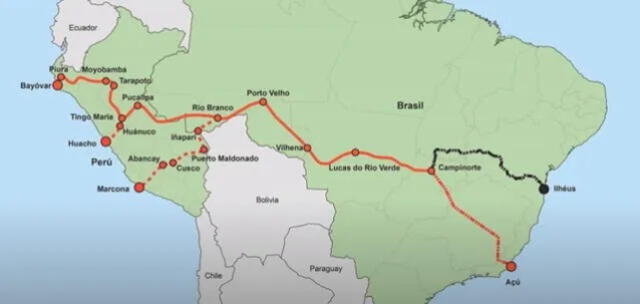  Posibles recorridos del tren bioceánico que pasaría por Perú, Bolivia y Brasil. Foto: Macro Alianza