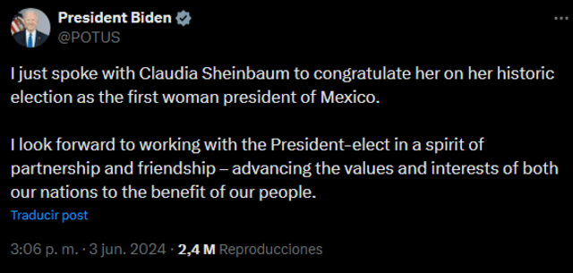 Claudia Sheinbaum expresa a Biden su deseo de colaborar con Estados Unidos