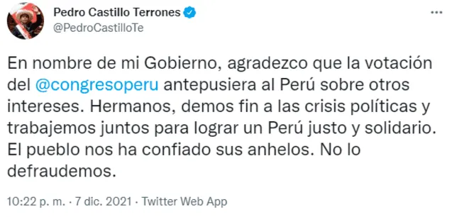 Tuit del presidente Pedro Castillo tras la no admisión de la moción de vacancia. Foto: Captura de Twitter